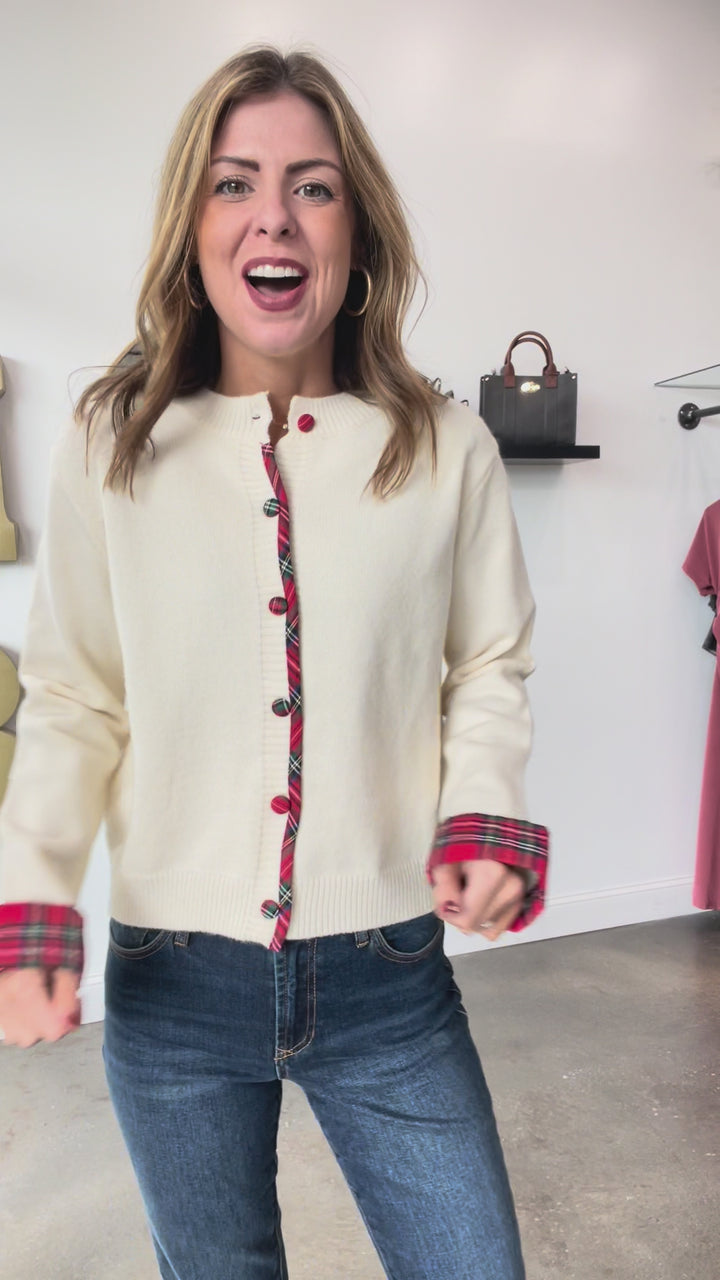 Plaid Trim Sweater - Cream