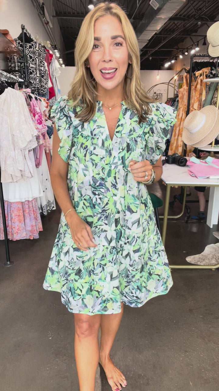 Flutter Sleeve Floral Dress - Green