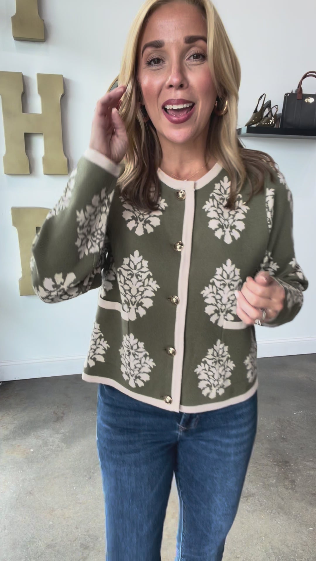 Printed Button Front Sweater - Olive