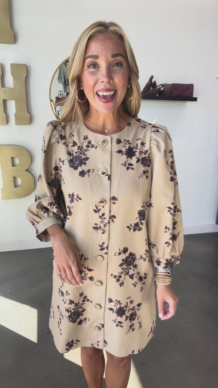 Floral Printed Shift Dress - Camel