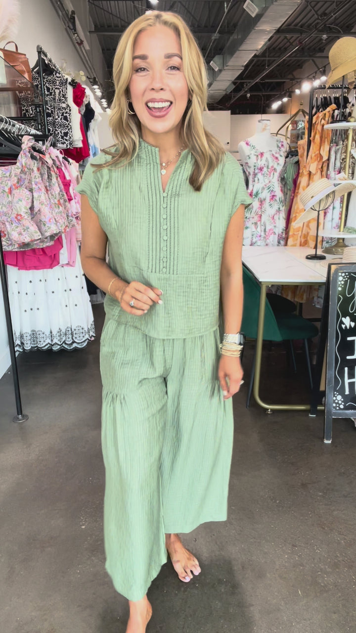 Wide Leg Shirring Detail Pants - Light Sage