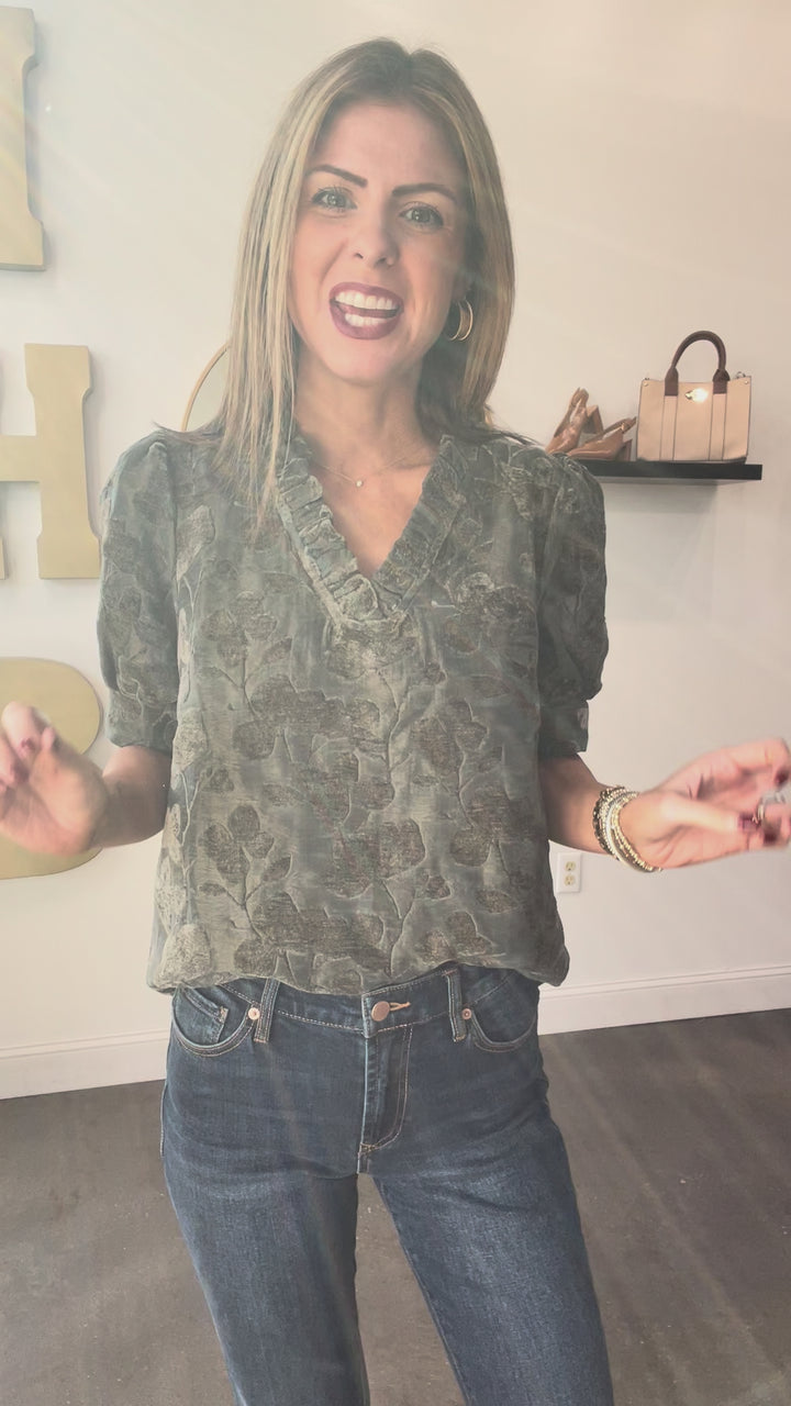 Ruffle Collar Burnout Top - Charcoal