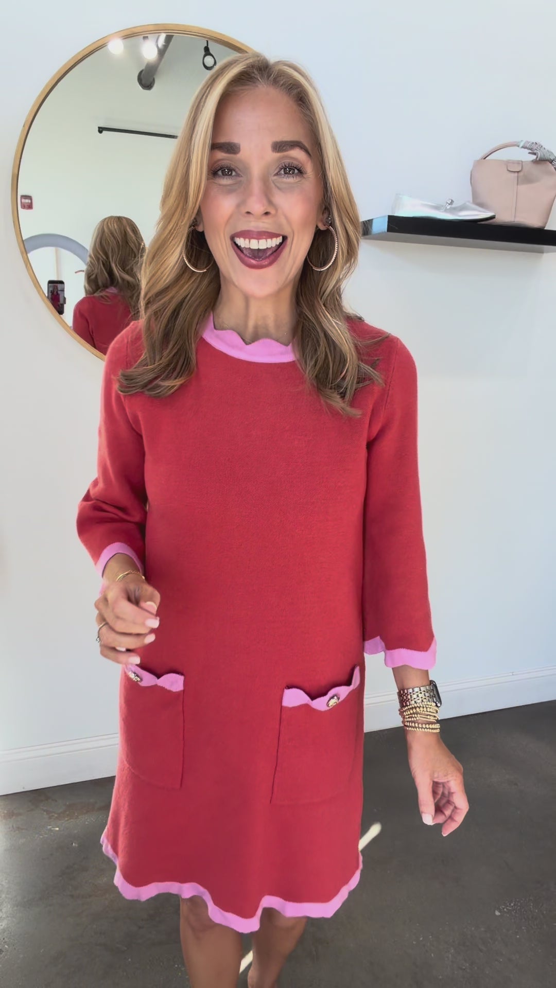 Contrast Trim Knit Dress - Coral/Pink