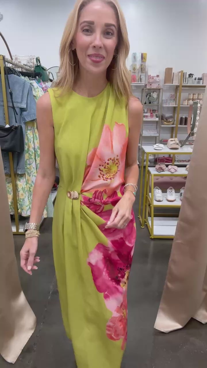 Side Cinch Floral Dress - Chartreuse