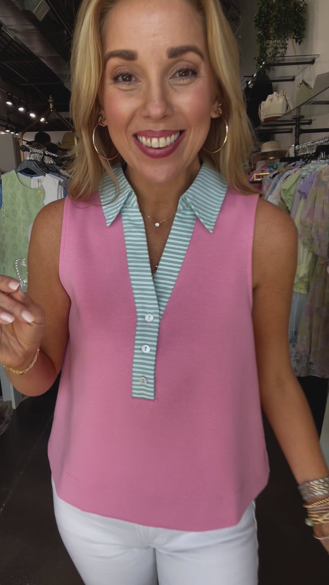 Striped Collar Tank - Pink
