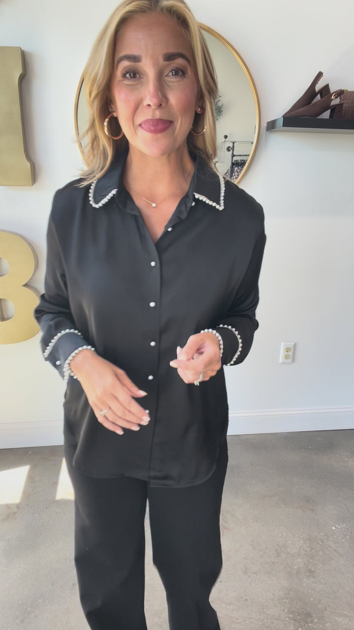 Pearl Trim Satin Button Down - Black