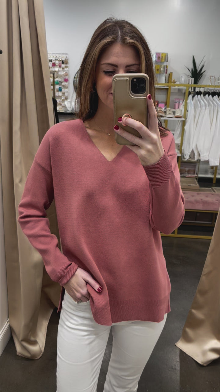 V Neck Sweater - Rose