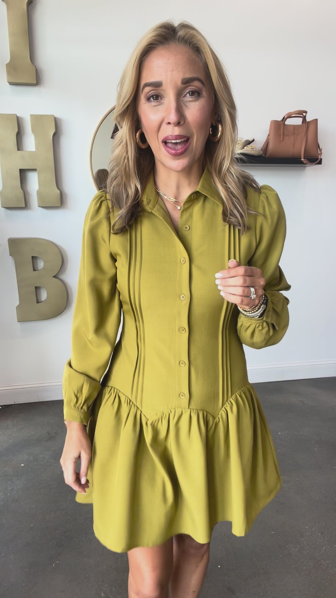 Button Front Drop Waist Dress - Chartreuse