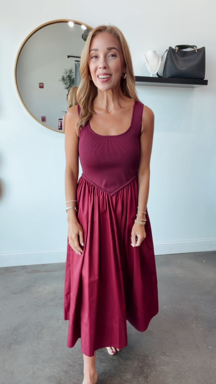 Mixed Media Midi Dress - Wine