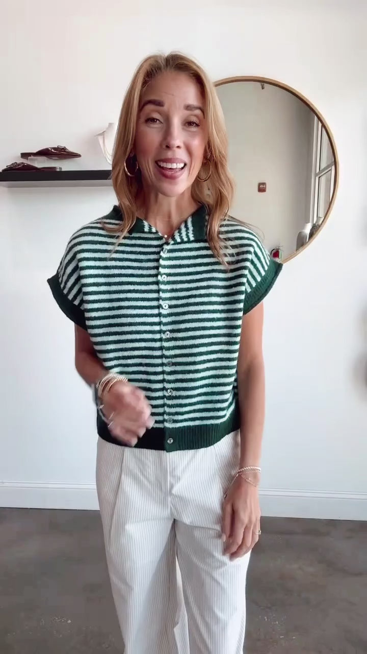 Button Front Striped Sweater - Green