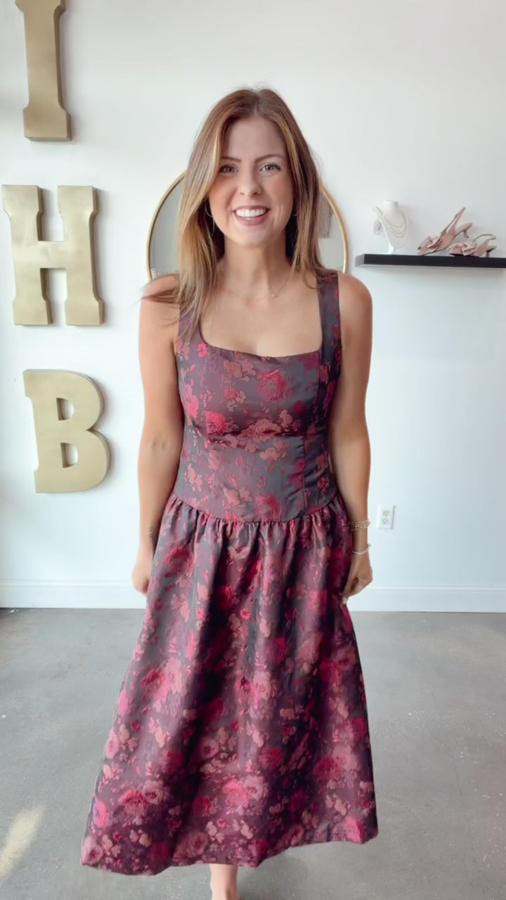 Floral Jacquard Midi Dress - Brown/Red