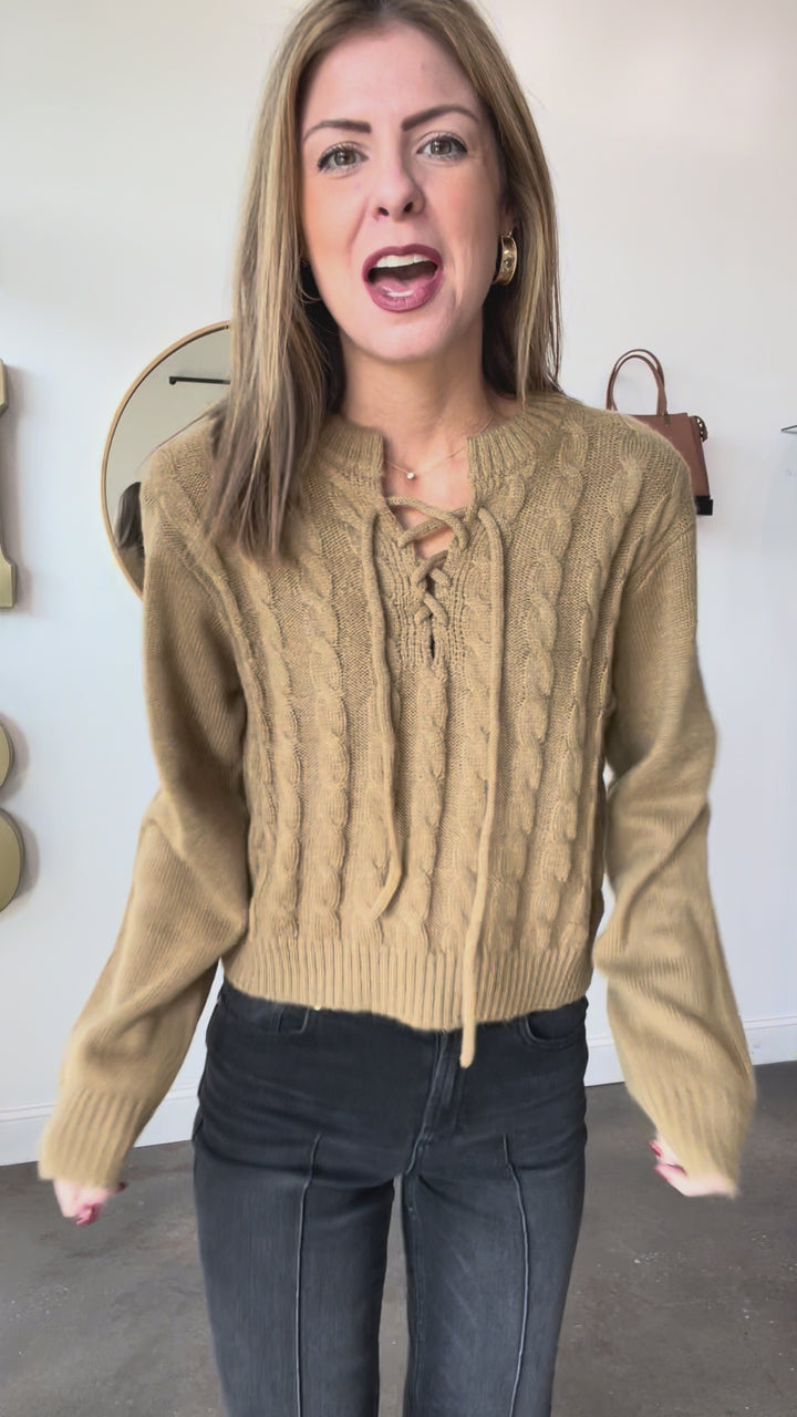 Cable Knit Tie Neck Sweater - Camel