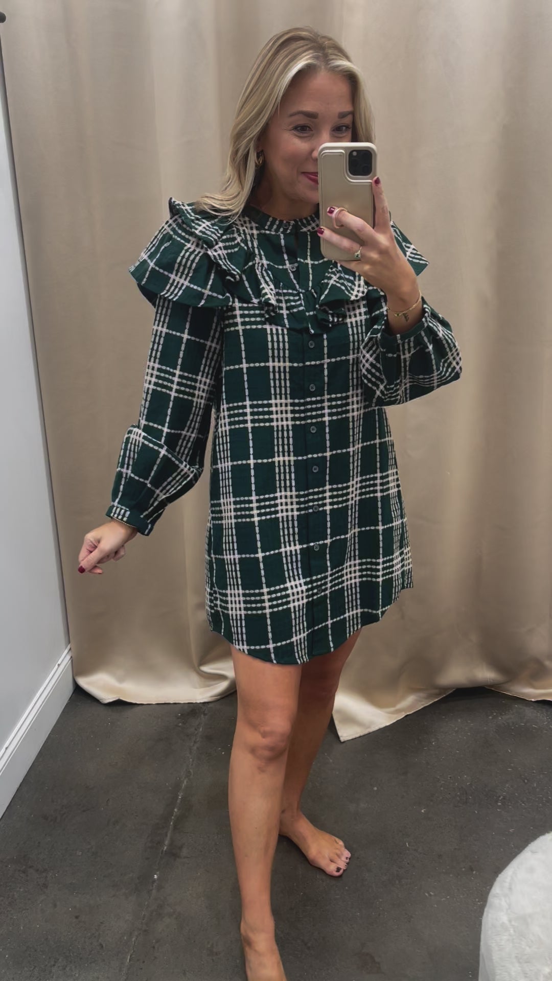 Plaid Ruffle Shoulder Dress - Green