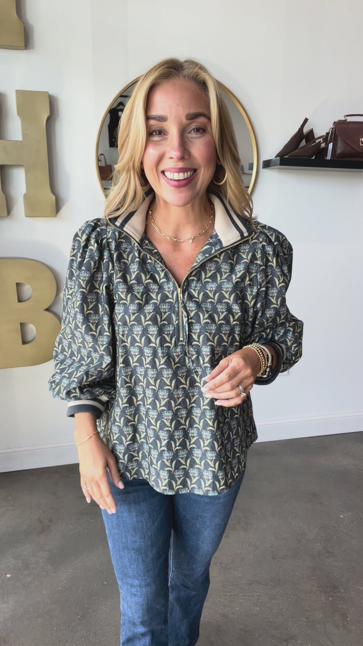 Printed Quarter Zip Contrast Top