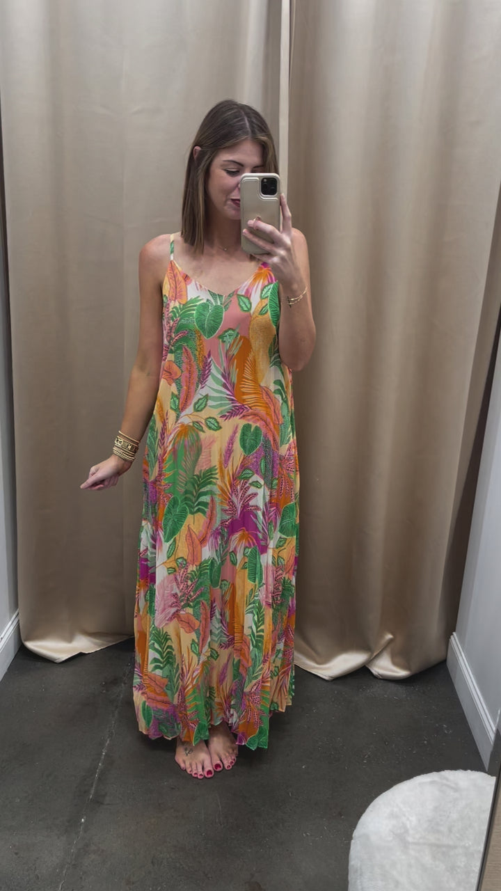 Printed Pleated Maxi Dress - Pink Guava