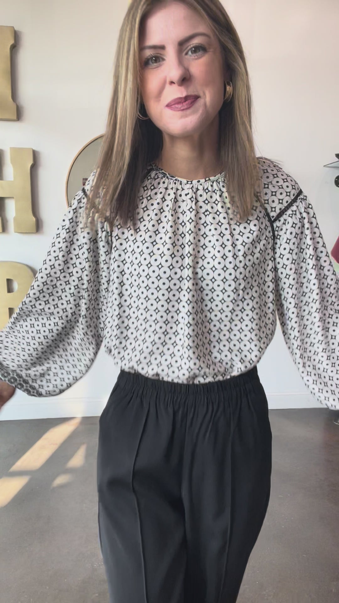 Geometric Mixed Print Blouse - Cream/Black