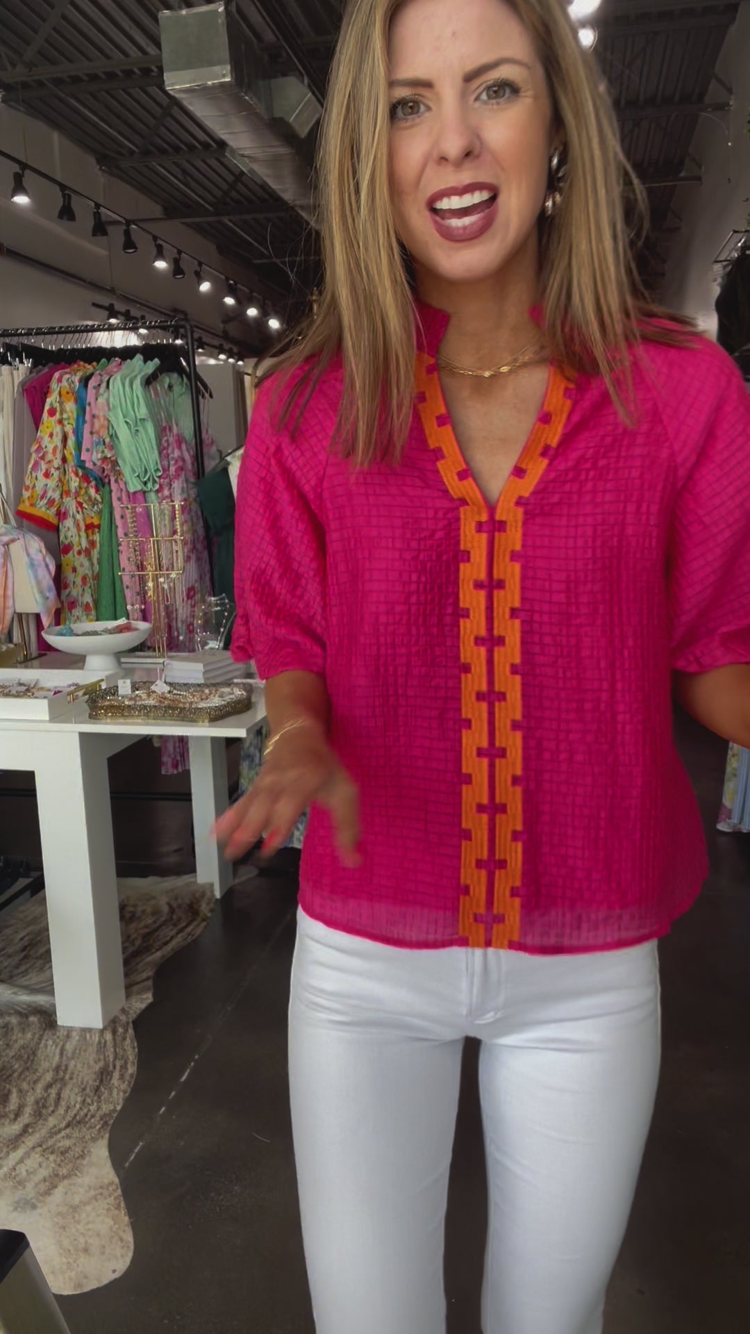 Puff Sleeve Textured Top - Pink/Orange