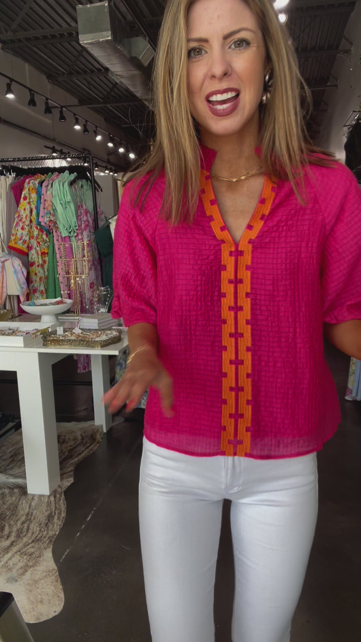 Puff Sleeve Textured Top - Pink/Orange