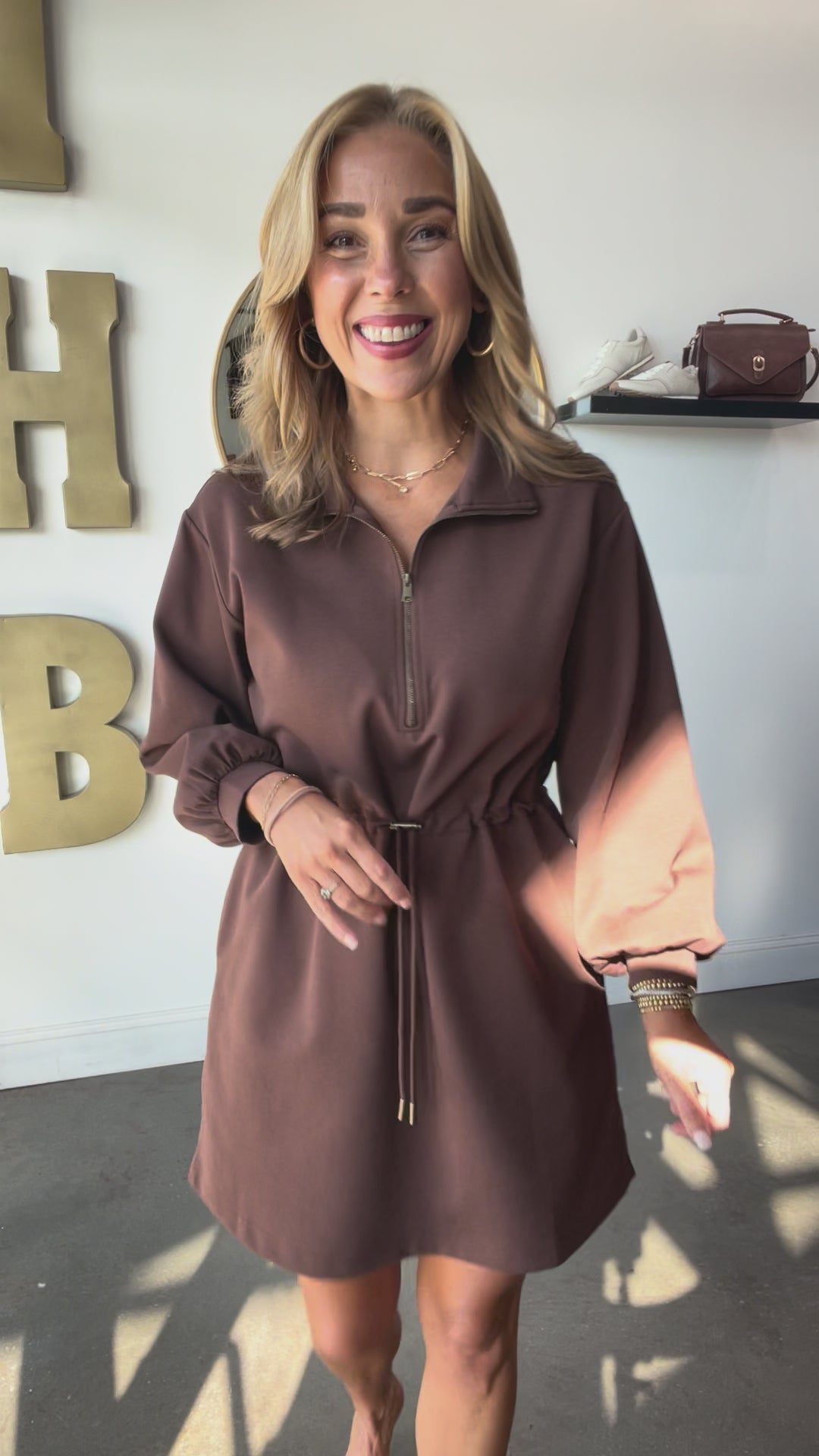 Long Sleeve Cinch Waist Dress - Coffee