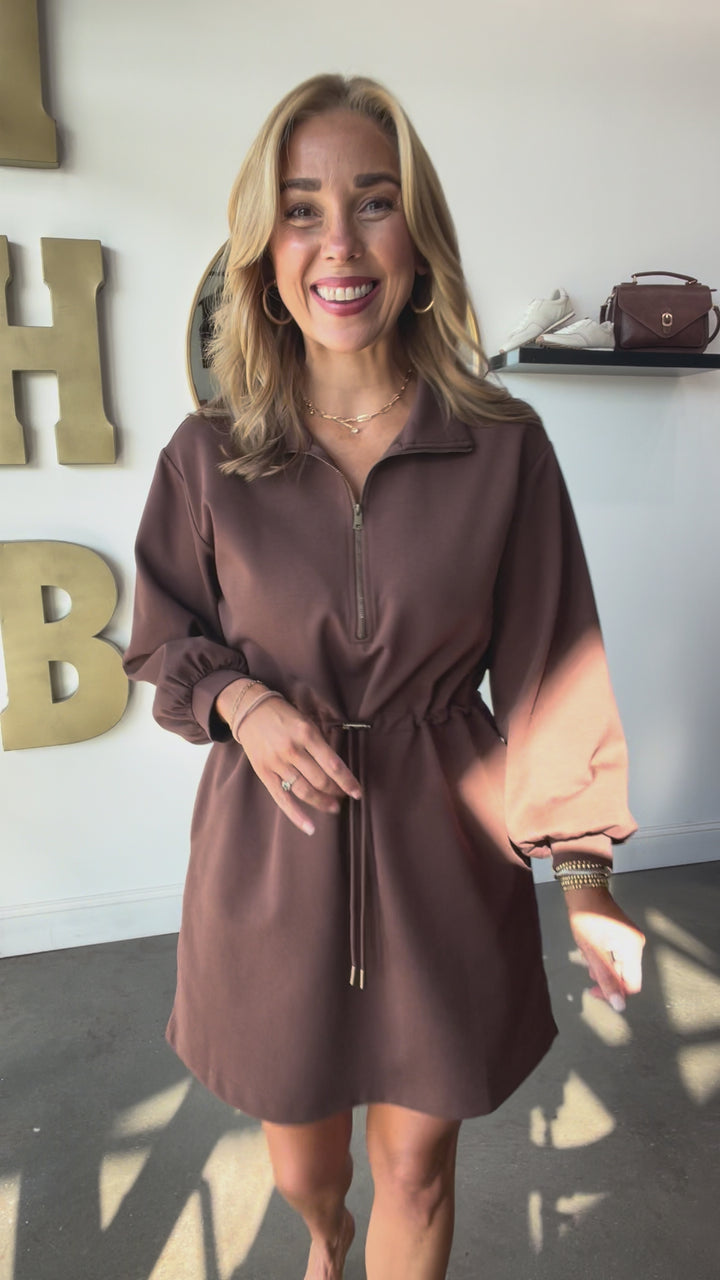 Long Sleeve Cinch Waist Dress - Coffee