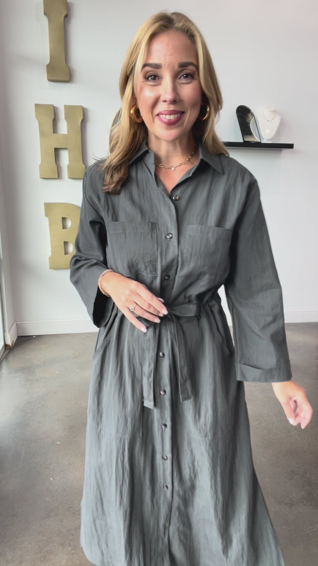 Cinch Waist Shirt Dress - Charcoal