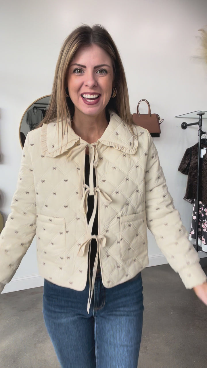 Bow Embroidered Quilted Jacket - Cream
