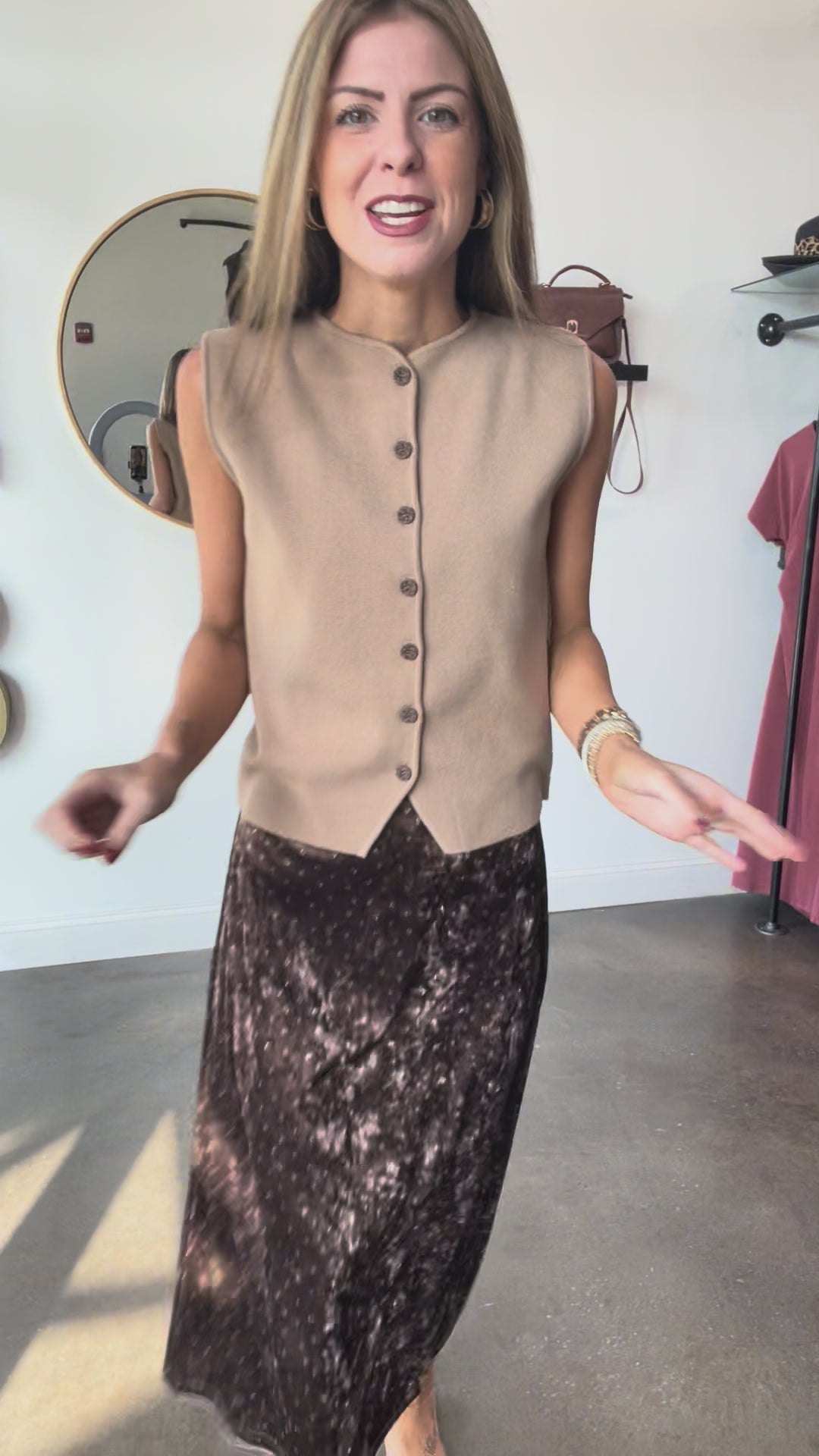 Velvet Ditsy Floral Midi Skirt - Brown