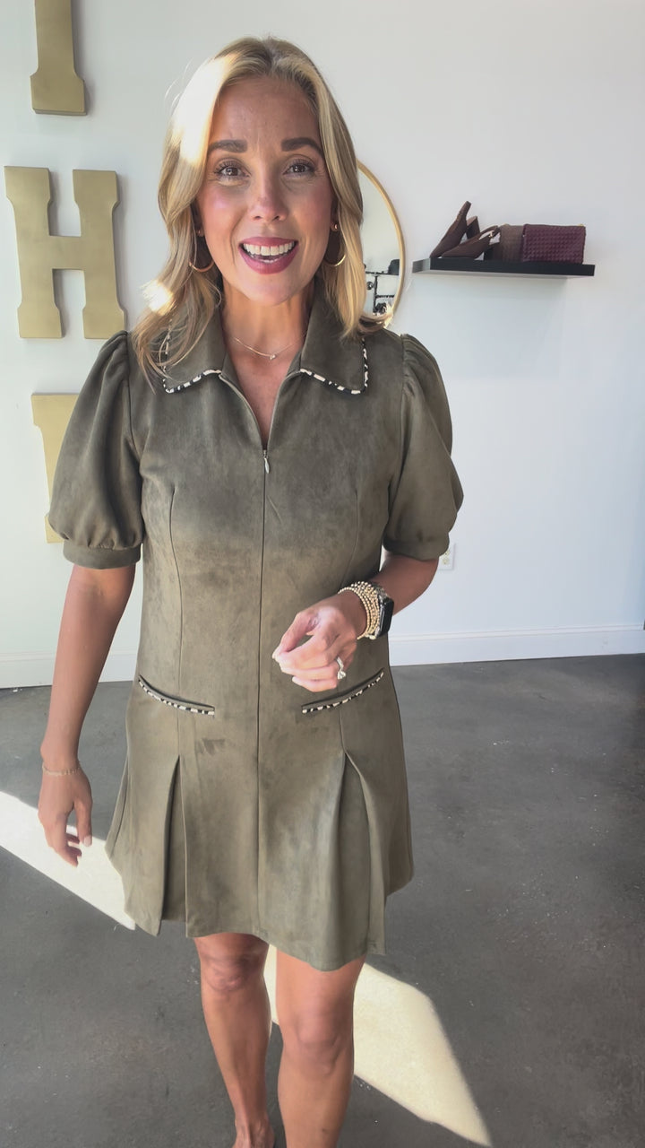 Leopard Trim Suede Dress