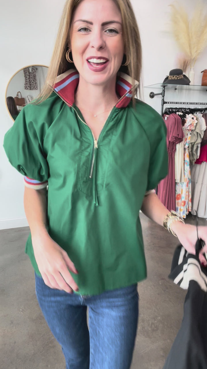 Quarter Zip Stripe Collar Top - Black