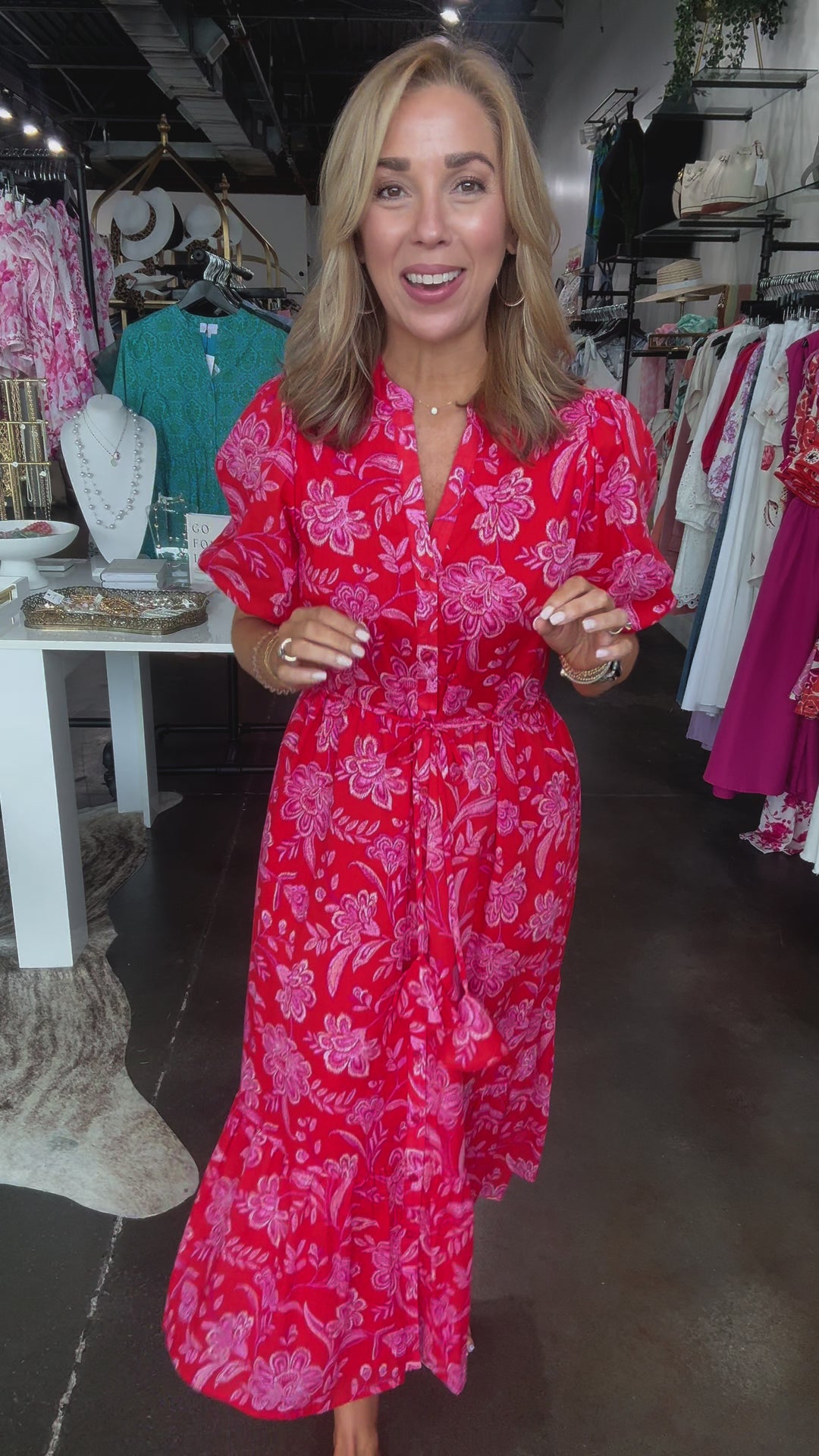 Button Down Floral Midi Dress - Red