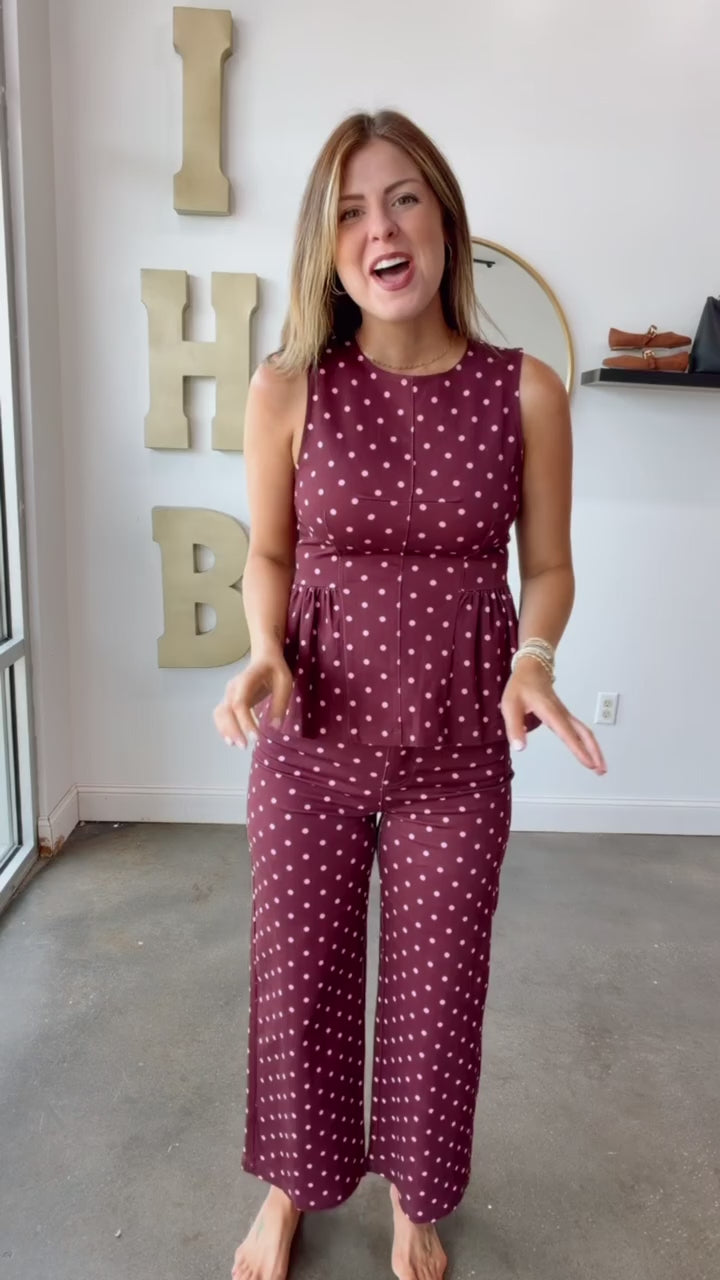 Polka Dot Denim Top - Burgundy