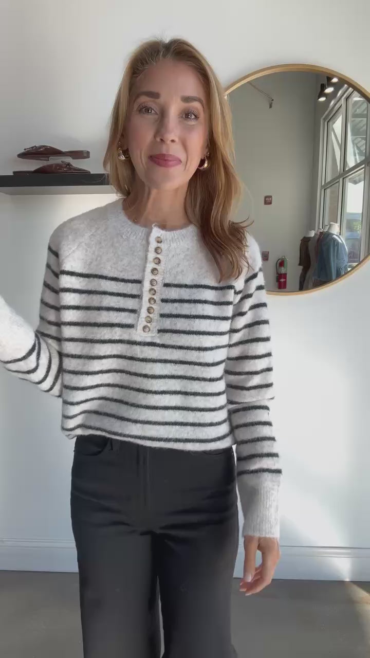 Button Front Striped Sweater - Ecru