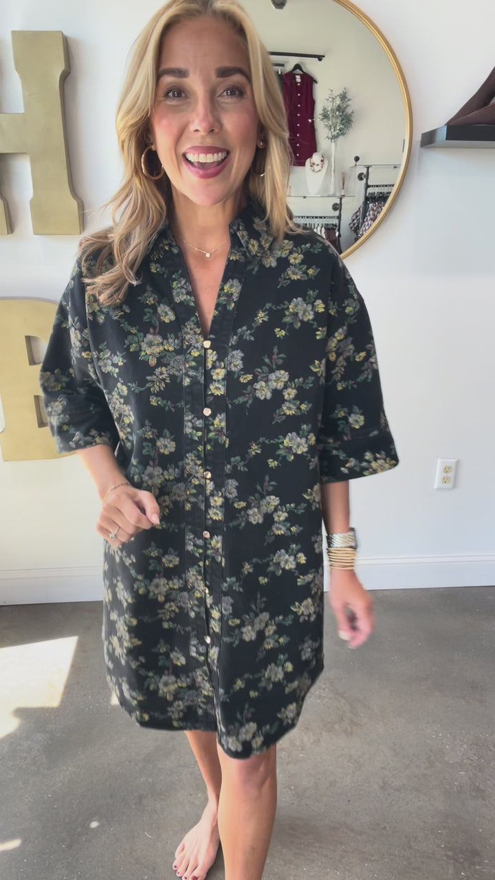 Button Front Floral Denim Dress - Black