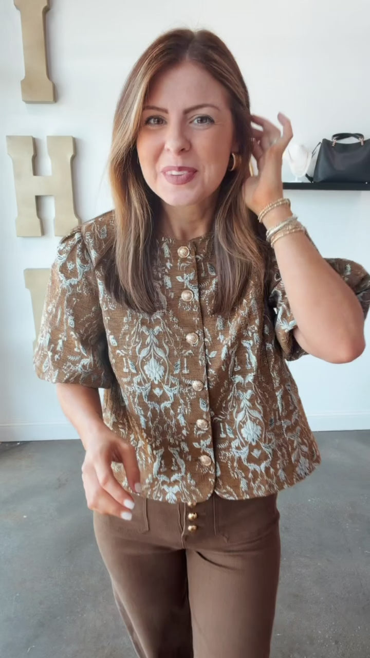 Button Front Jacquard Top - Brown