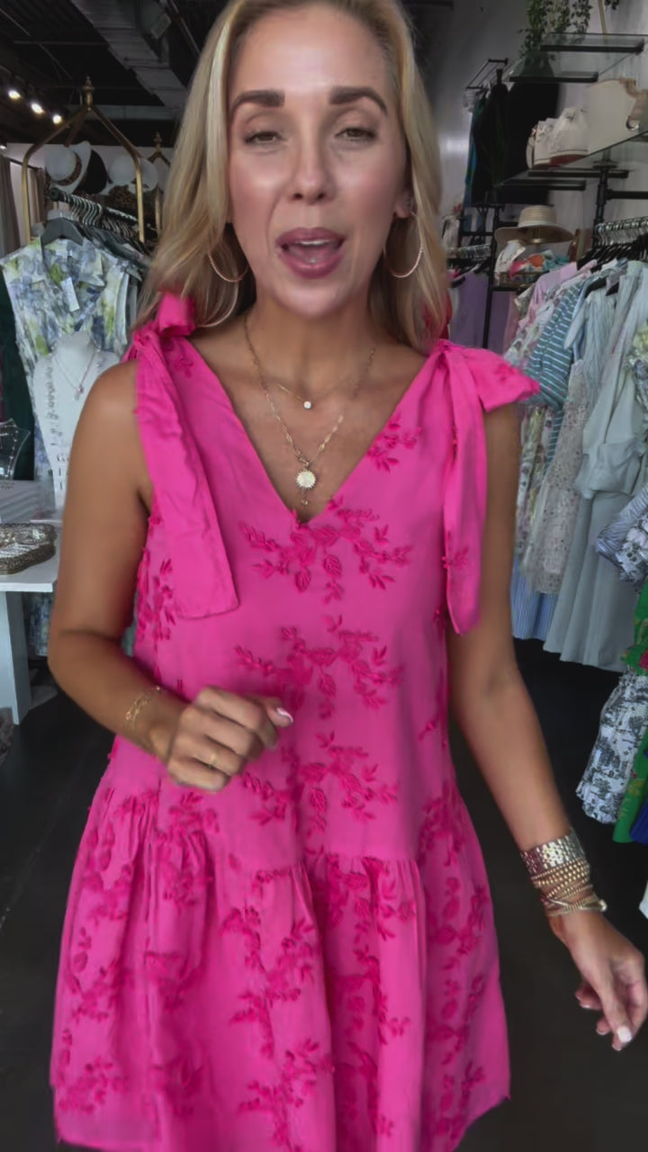 Tie Shoulder Textured Floral Dress - Pink