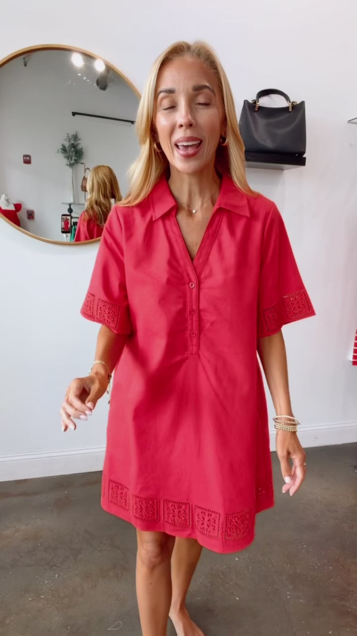 Embroidered Trim Dress - Red