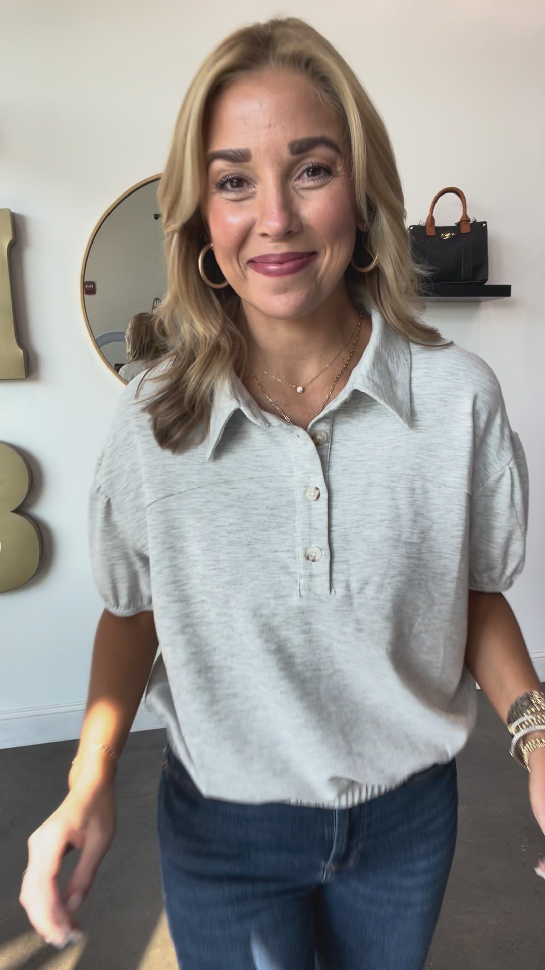 Textured Knit Polo Top - Gray