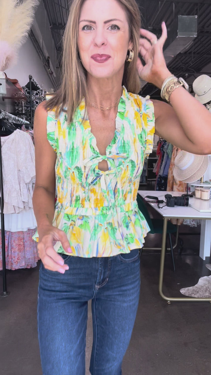 Floral Peplum Smocked Tank - Yellow