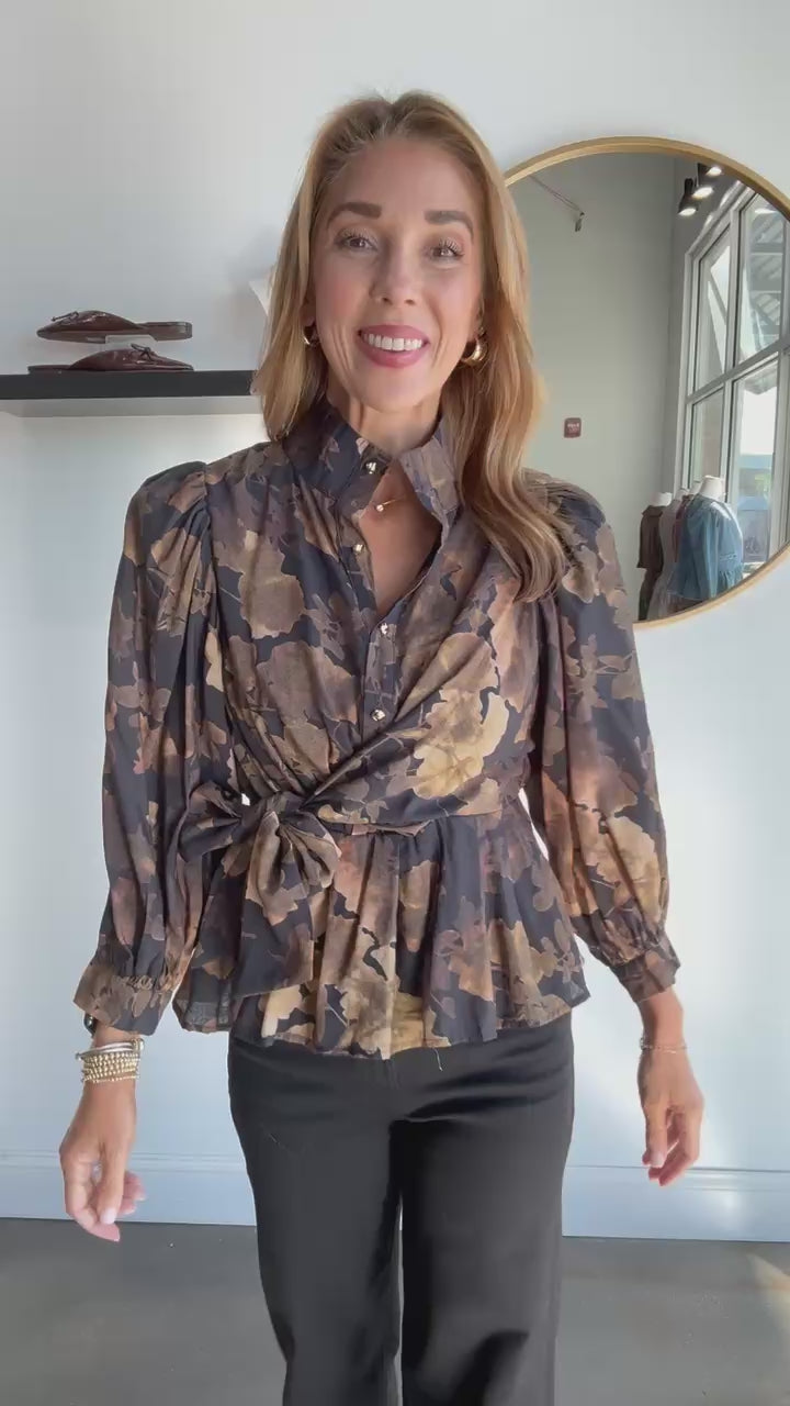 Tie Waist Printed Peplum Top