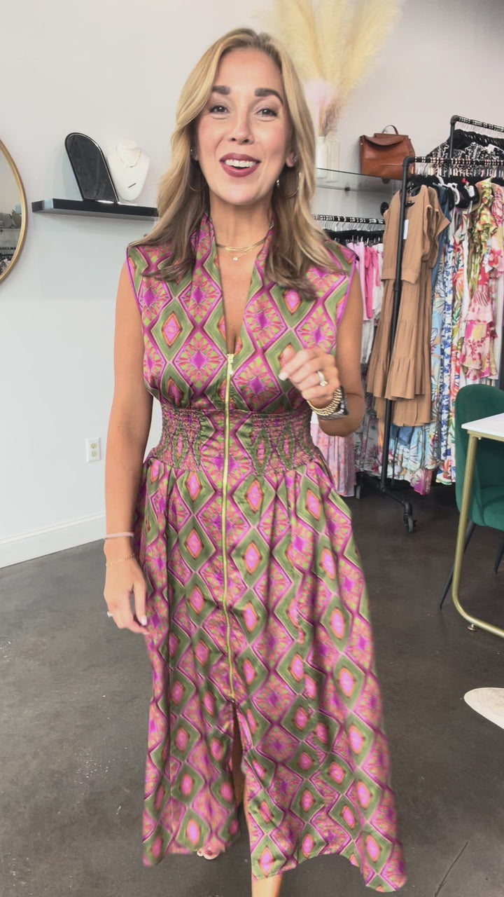 Zip Front Smocked Dress - Olive