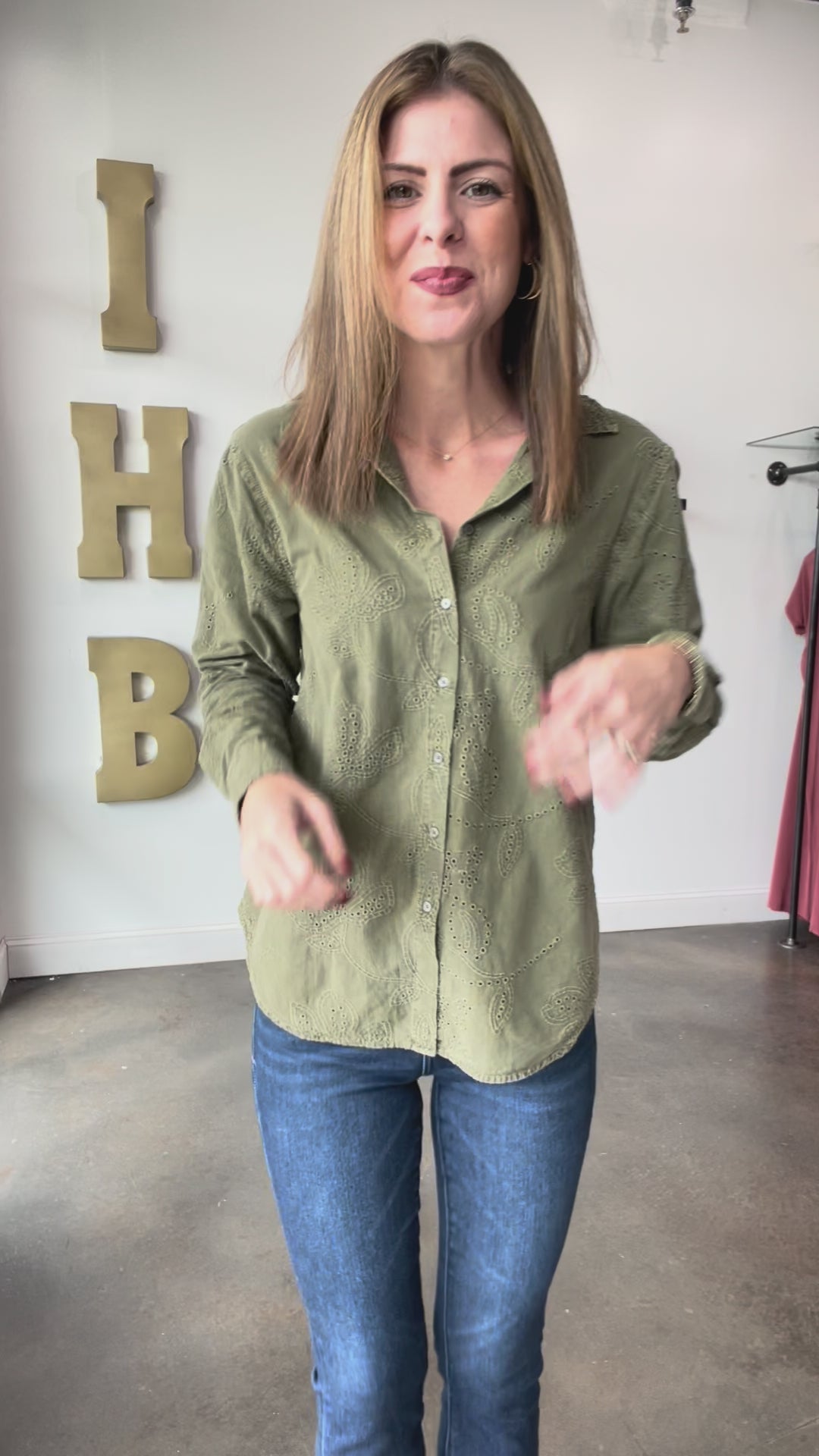 Embroidered Button Down Top - Olive