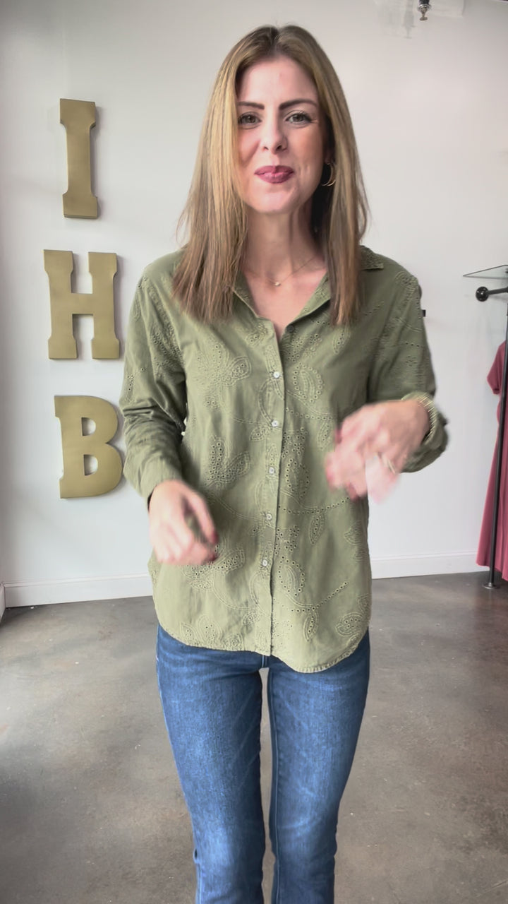 Embroidered Button Down Top - Olive