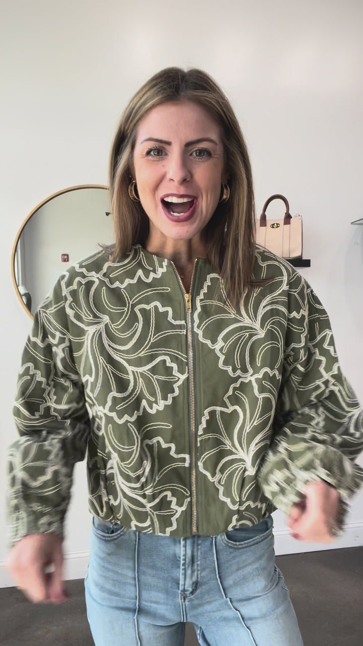 Embroidered Zip Up Jacket - Olive