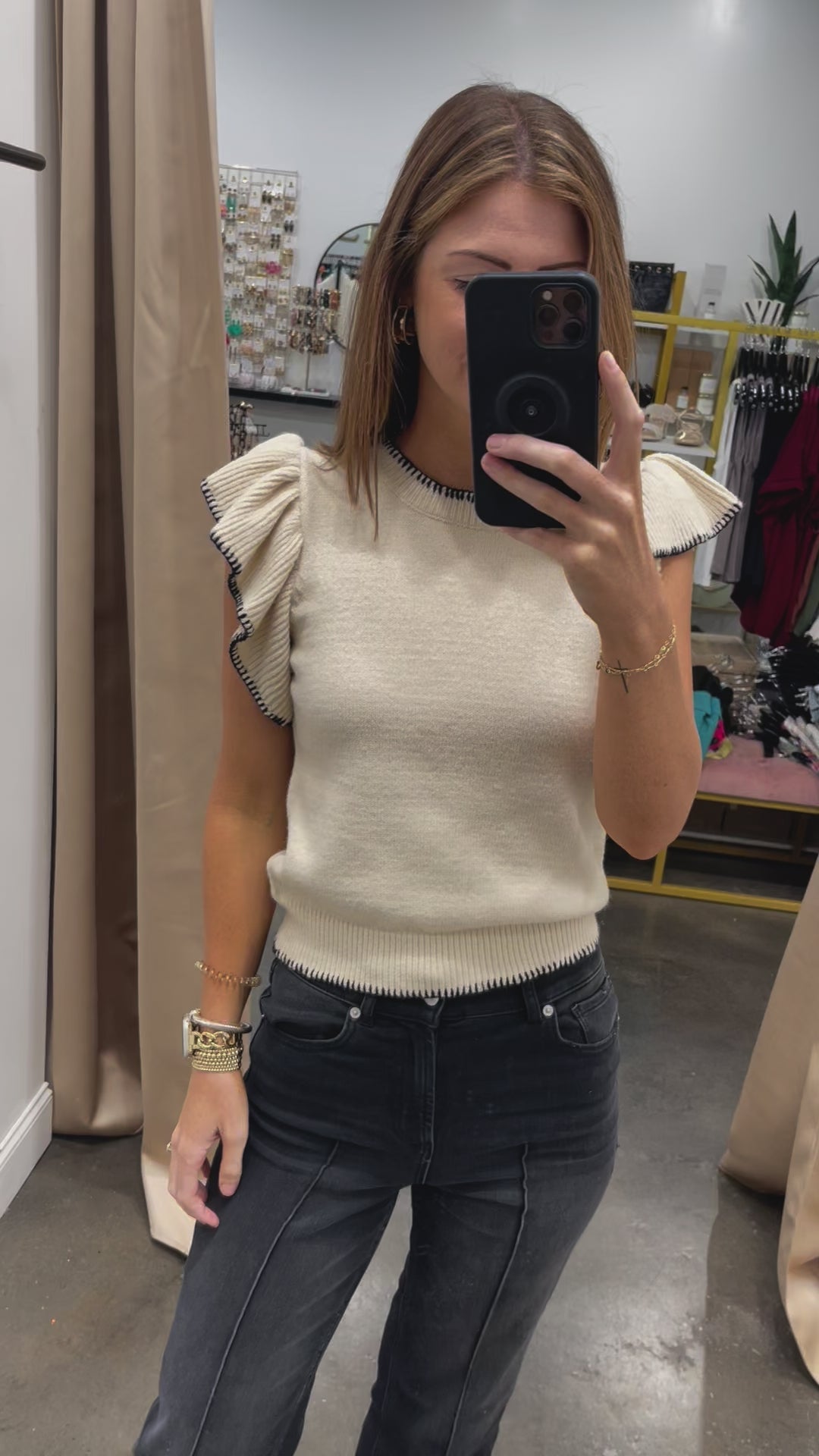 Stitch Trim Sweater Top - Cream