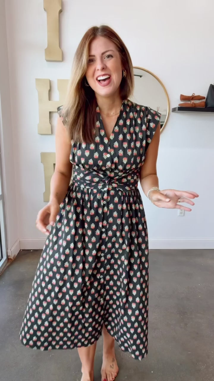 Front Tie Printed Dress - Black