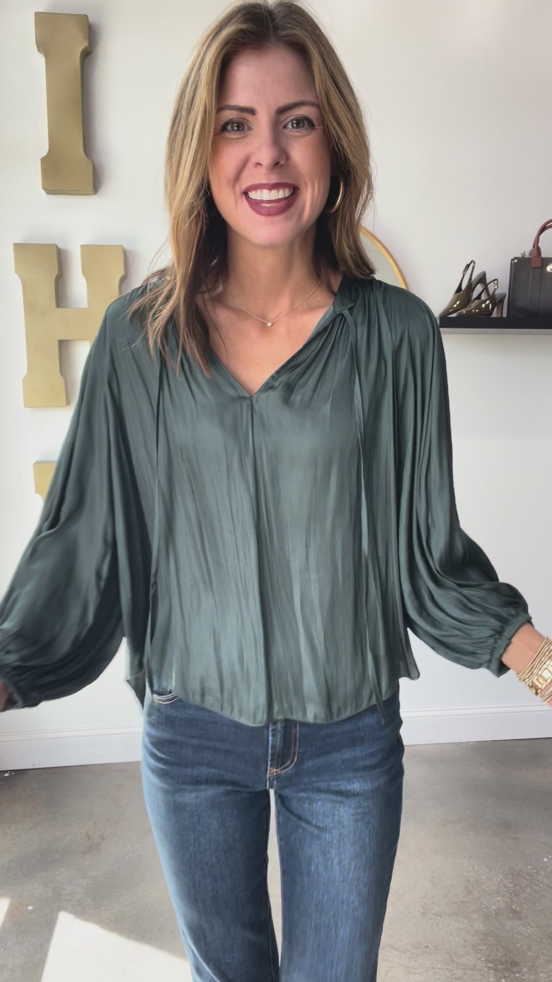 Tie Neck Satin Top - Forest Green