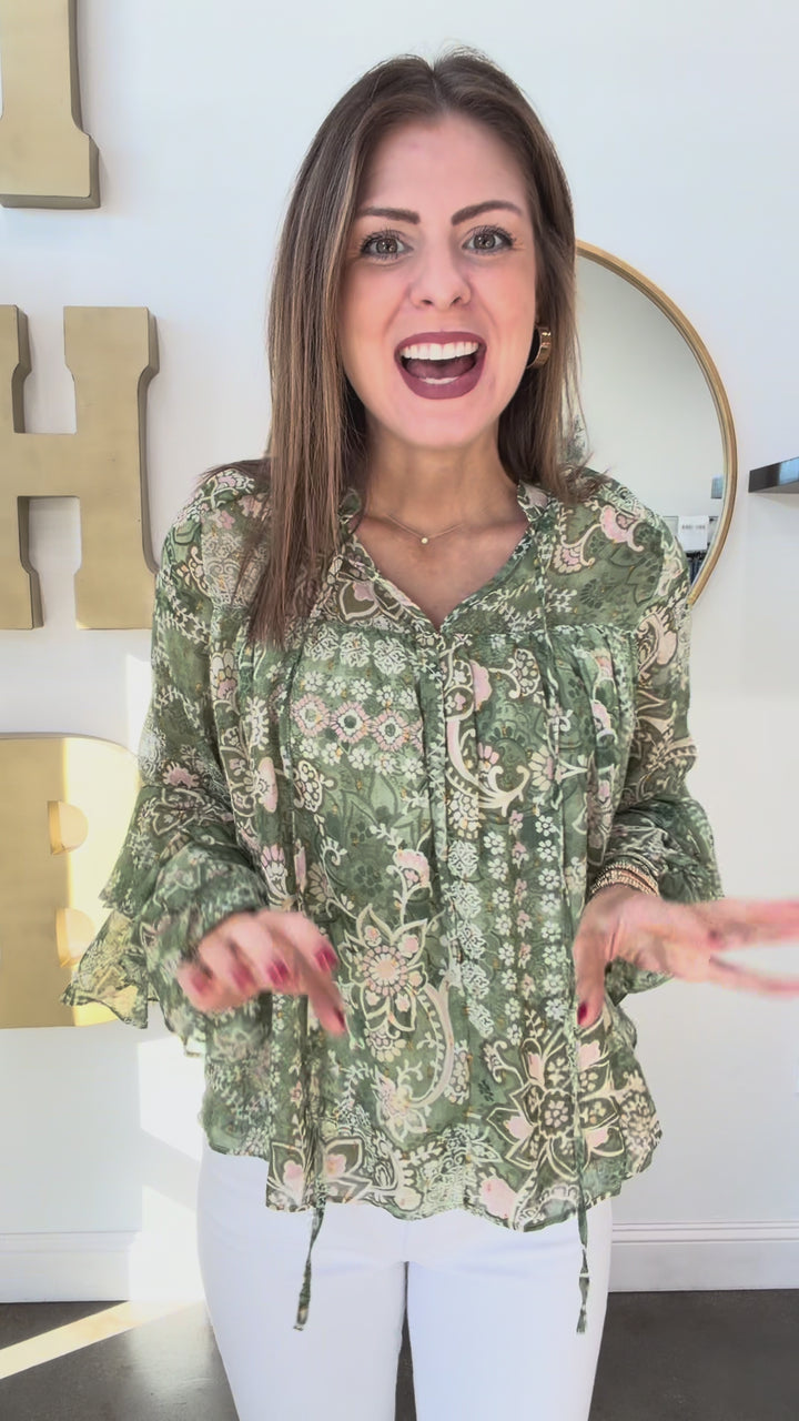 Tiered Sleeve Printed Top - Green