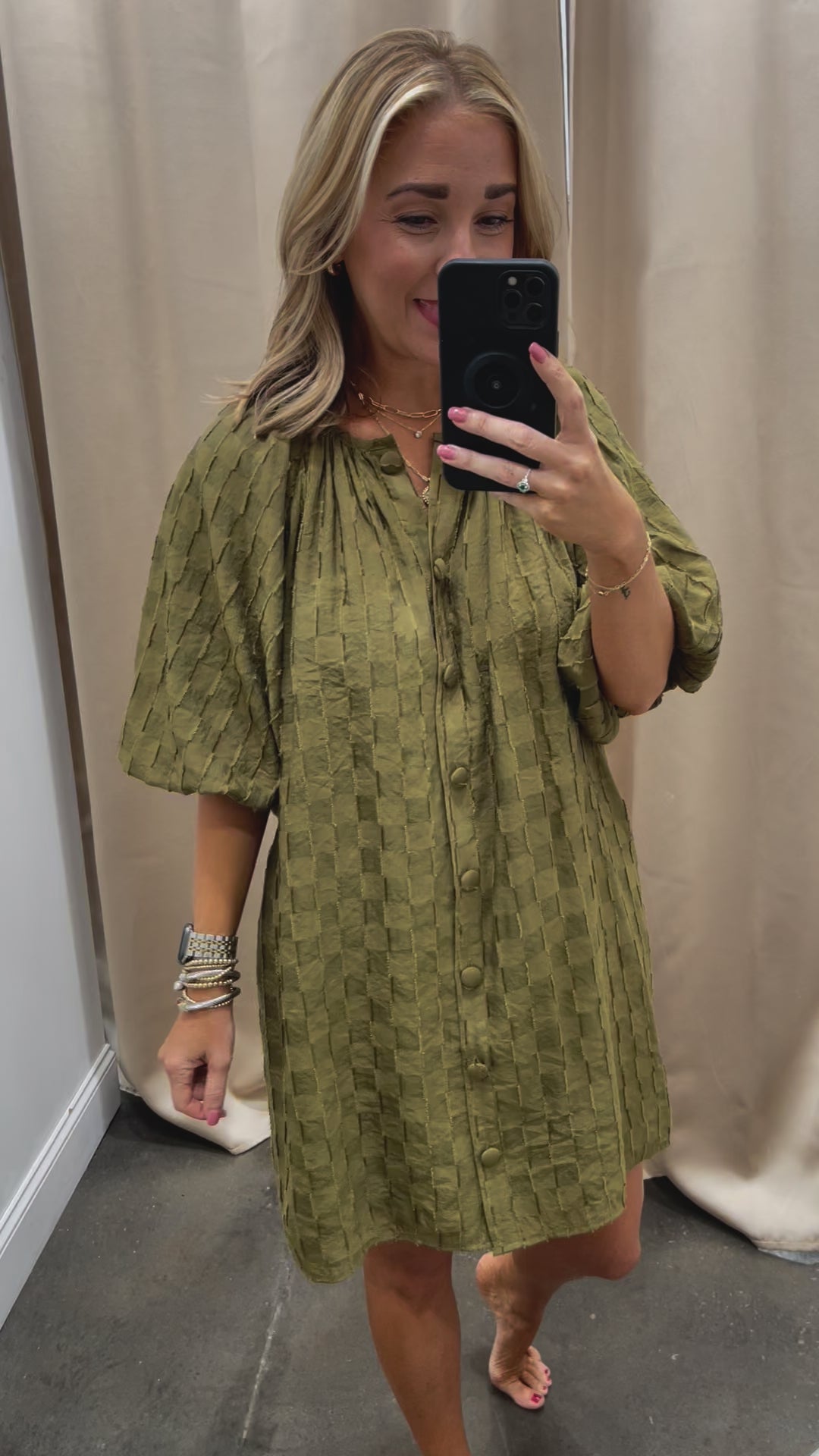 Puff Sleeve Textured Dress - Olive