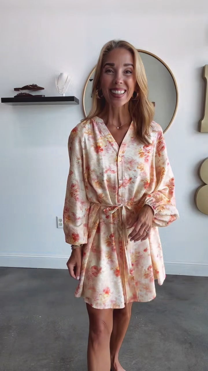 Button Down Tie Waist Dress - Peach