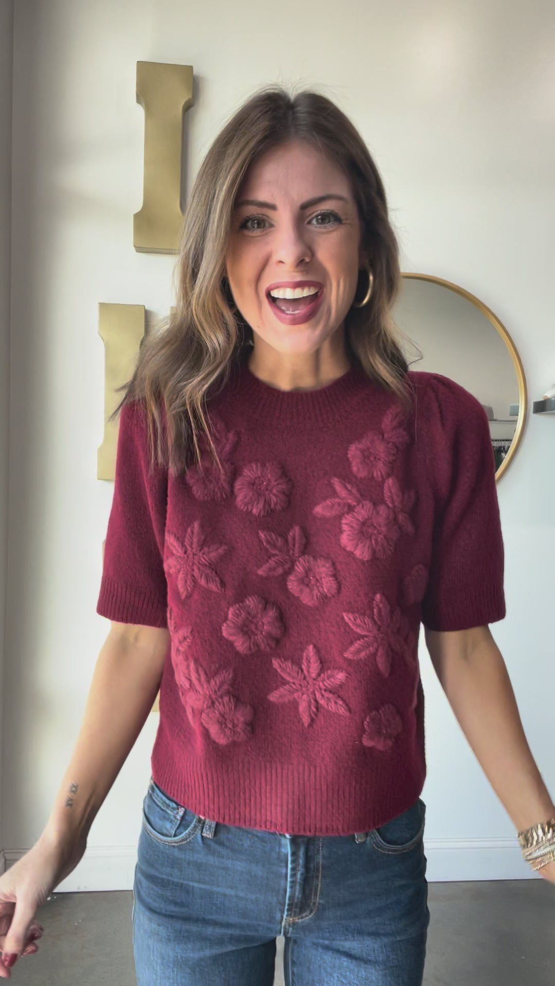 Embroidered Short Sleeve Sweater - Burgundy